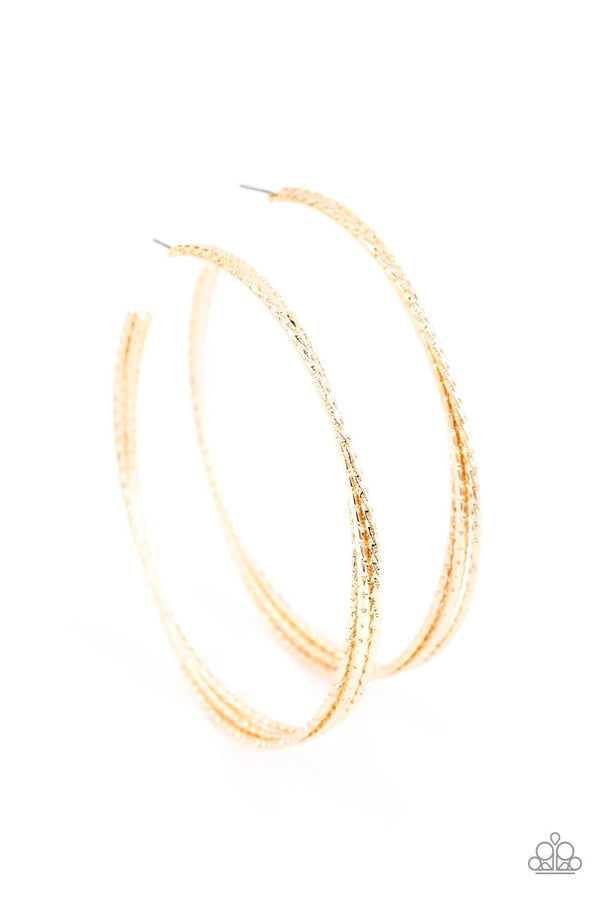 ﻿Watch and Learn-Gold Paparazzi Hoop Earrings-Jazzi Jewelz Boutique by Raven   Varying in hammered and diamond-cut textures, three glistening gold bars dramatically curl into an oversized hoop for a glamorous finish. Earring attaches to a standard post fitting. Hoop measures approximately 3 1/4" in diameter.  Sold as one pair of hoop earrings.  Paparazzi Accessories are lead free and nickel free. 