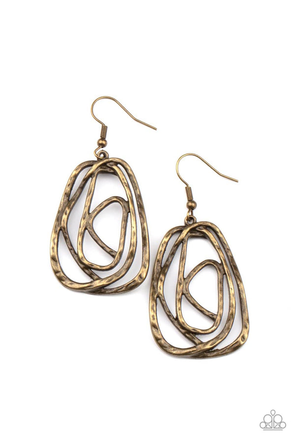 ﻿Artisan Relic-Brass Paparazzi Earrings-Jazzi Jewelz Boutique by Raven  Featuring a hammered finish, a rustic brass wire delicately wraps into an asymmetrical frame for a dizzying artisan inspired look. Earring attaches to a standard fishhook fitting.  Sold as one pair of earrings.  MAKE & MATERIAL: Built with highly durable products, 100% brand new and high quality, gorgeous, stylish, and perfect for gifting. 100% Nickel and Lead-Free