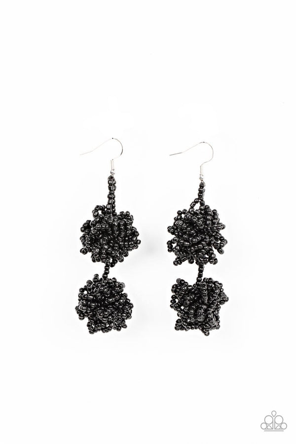 CELESTIAL COLLISION-BLACK SEED BEAD EARRIINGS-JAZZI JEWELZ BOUTIQUE BY RAVEN  Strands of shiny black seed beads delicately knot into an elegantly clustered lure, creating a stellar modern look. Earring attaches to a standard fishhook fitting.  Sold as one pair of earrings.  All Paparazzi Accessories are lead free and nickel free. Jazzi Jewelz Boutique by Raven.