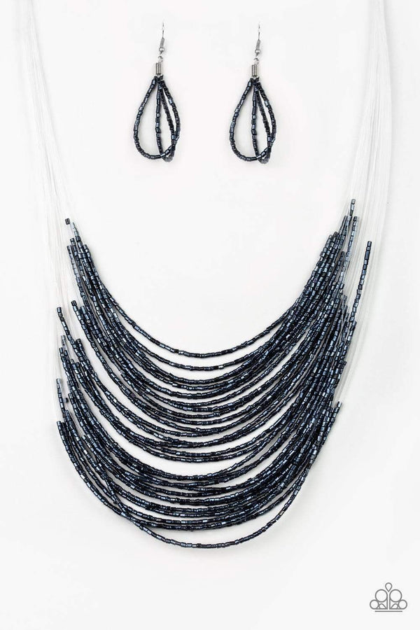 Jazzi Jewelz Boutique by Raven-Catwalk Queen Blue Metallic Seed Bead Necklace and Earring Set
