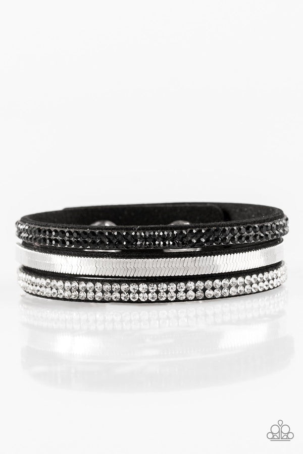 ﻿I Mean Business-Black Wrap Bracelet-Suede Bracelet splice into three strands with glittery rhinestones