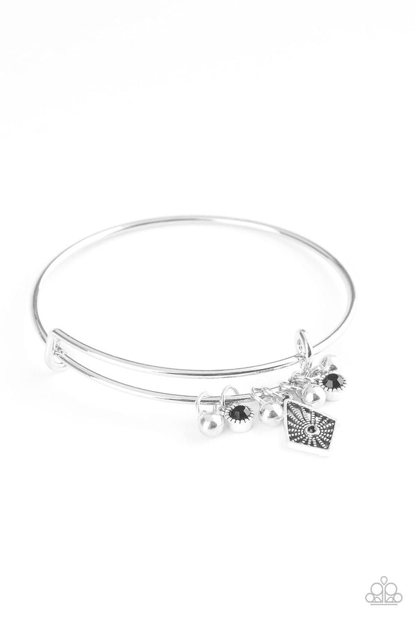 Treasure Charms-Silver Bangle Paparazzi Bracelet-Jazzi Jewelz Boutique by Raven   A collection of shimmery silver beads and glittery black rhinestone accents slide along a sleek bar fitting, creating whimsical charms as they glide along the dainty silver bangle.  Sold as one individual bracelet.  All Paparazzi Accessories 100% are lead free and nickel free. 