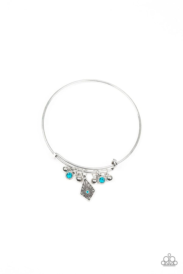 Treasure Charms-Blue Bangle Paparazzi Bracelet-Jazzi Jewelz Boutique by Raven   A collection of shimmery silver beads and glittery blue rhinestone accents slide along a sleek bar fitting, creating whimsical charms as they glide along the dainty silver bangle.  Sold as one individual bracelet.  All Paparazzi Accessories are 100% lead free and nickel free. 