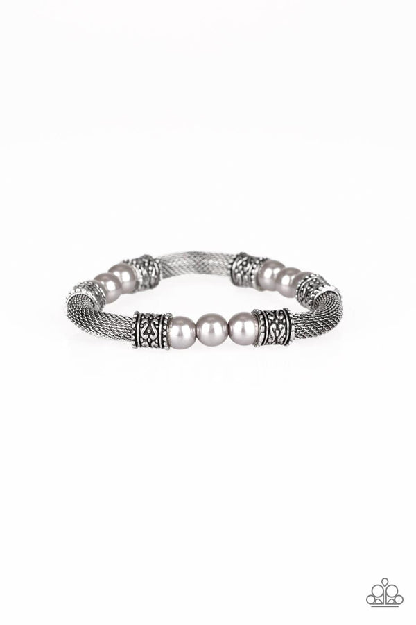 alk Some SENSEI-Silver Paparazzi Bracelet-Jazzi Jewelz Boutique by Raven   Pearly silver beads, ornate silver accents, and sections of silver mesh chain are threaded along a stretchy band around the wrist for a refined flair.  Sold as one individual bracelet.  All Paparazzi Accessories are 100% lead free and nickel free. 