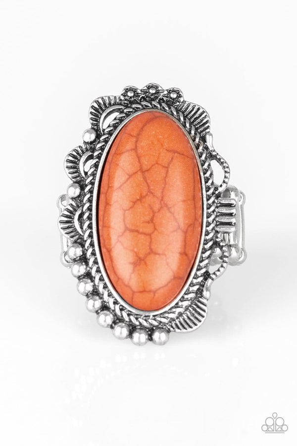 Open Range-Orange Paparazzi Ring-Jazzi Jewelz Boutique by Raven   A refreshing orange stone is pressed into an ornate silver frame rippling with studded and serrated textures for a seasonal flair. Features a stretchy band for a flexible fit.  Sold as one individual ring.