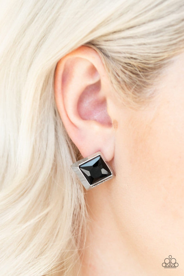 Stellar Square-Black Paparazzi Earrings-Jazzi Jewelz Boutique by Raven  Featuring a refined square-cut, a faceted black rhinestone is pressed into a 3-dimensional silver frame for an edgy look. Earring attaches to a standard post fitting.  Sold as one pair of post earrings.