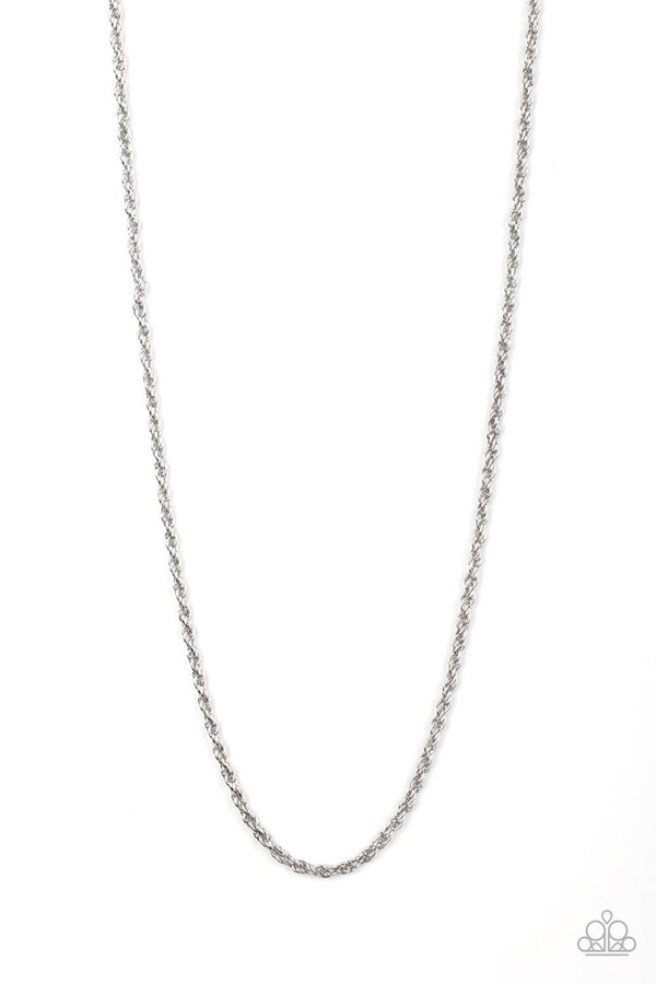 The Go To Guy-Silver Men's Necklace- Jazzi Jewelz Boutique by Raven  Featuring a high-sheen finish, a glistening strand of silver rope chain drapes across the chest for a casual shine. Features an adjustable clasp closure.  Sold as one individual necklace.