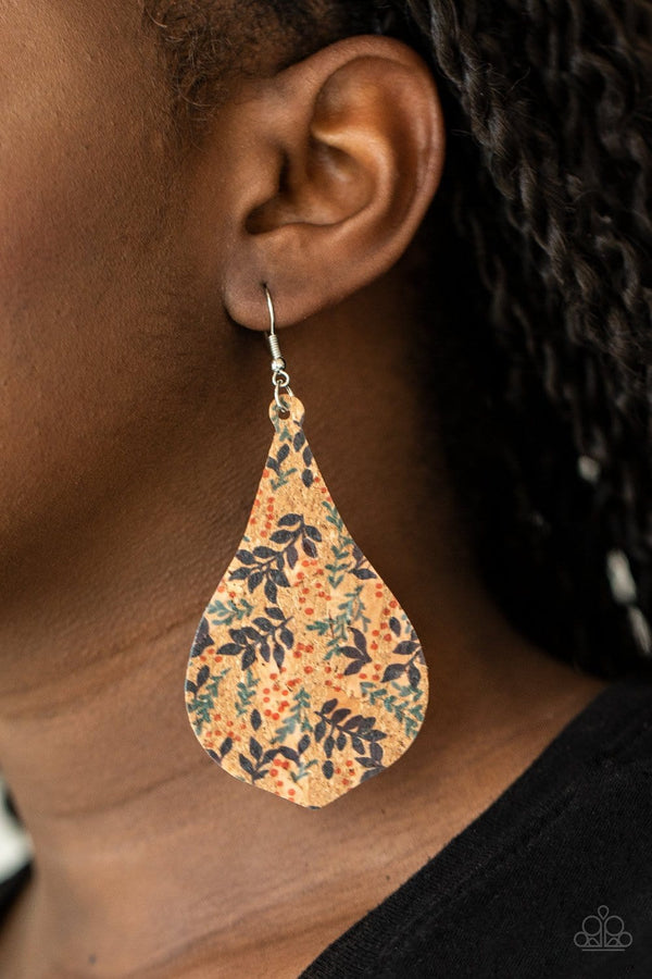﻿Cork Coast-Colorful Paparazzi Earrings-Jazzi Jewelz Boutique by Raven  Featuring a colorful leafy pattern, a teardrop cork frame swings from the ear for a trendy vibe. Earring attaches to a standard fishhook fitting.  Sold as one pair of earrings.  All Paparazzi Accessories are lead free and nickel free. Jazzi Jewelz Boutique by Raven