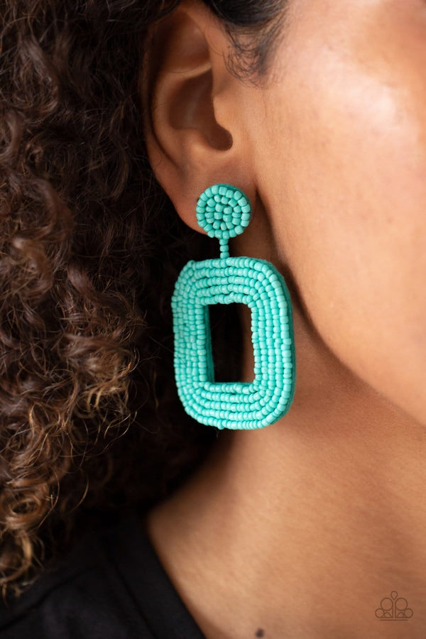 ﻿Beaded Bella-Blue Paparazzi Seed Bead Earrings-Jazzi Jewelz Boutique by Raven   Refreshing rows of dainty turquoise seed beads adorn the front of a rounded square frame at the bottom of a matching beaded fitting, creating a blissfully beaded look. Earring attaches to a standard post fitting.  Sold as one pair of post earrings.