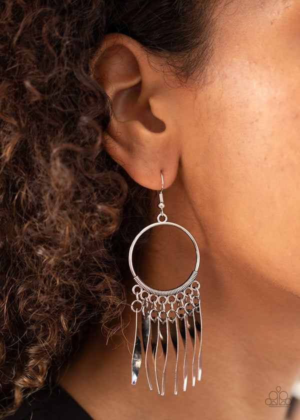 Let GRIT Be!-Silver Paparazzi Earrings-Jazzi Jewelz Boutique by Raven  Curved silver plates dangle from the bottom of a textured silver hoop, creating a rustic fringe. Earring attaches to a standard fishhook fitting.  Sold as one pair of earrings.  All Paparazzi Accessories are lead free and nickel free. 