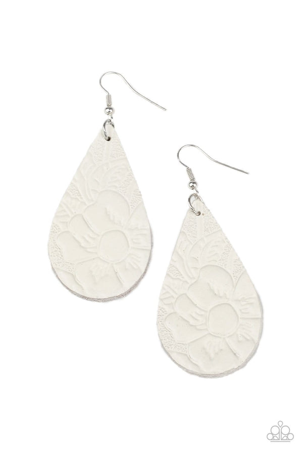 Beach Garden-White Leather Paparazzi Earrings-Jazzi Jewelz Boutique by Raven  Embossed in a leafy floral pattern, an earthy white leather teardrop swings from the ear for a whimsical look. Earring attaches to a standard fishhook fitting.  Sold as one pair of earrings.  All Paparazzi Accessories are lead free and nickel free.