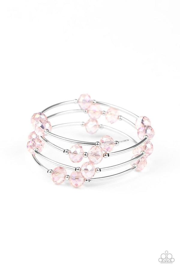 Dreamy Demure-Pink Wrap Bracelet with glittery pink crystal-like beads threaded along a coiled wire.