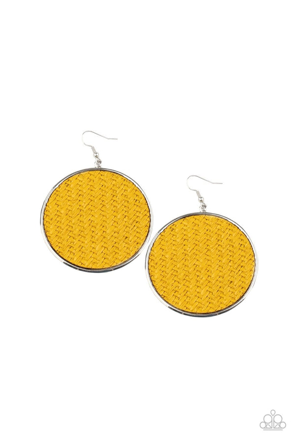 ﻿Wonderfully Woven-Yellow Paparazzi Earrings-Jazzi Jewelz Boutique by Raven  Shiny yellow twine-like cording weaves across the front of an oversized silver disc for an earthy flair. Earring attaches to a standard fishhook fitting.  Sold as one pair of earrings.  All Paparazzi Accessories are lead free and nickel free. 