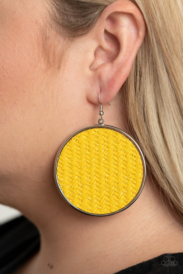 ﻿Wonderfully Woven-Yellow Paparazzi Earrings-Jazzi Jewelz Boutique by Raven  Shiny yellow twine-like cording weaves across the front of an oversized silver disc for an earthy flair. Earring attaches to a standard fishhook fitting.  Sold as one pair of earrings.  All Paparazzi Accessories are lead free and nickel free. 