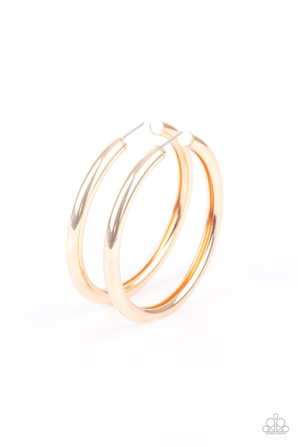 ﻿Curve Ball-Gold Paparazzi Hoop Earrings  A thick gold bar delicately curls into a glistening oversized hoop for a retro look. Earring attaches to a standard post fitting. Hoop measures approximately 2 1/4" in diameter.  Sold as one pair of hoop earrings.  All Paparazzi Accessories are lead free and nickel free. Jazzi Jewelz Boutique by Raven