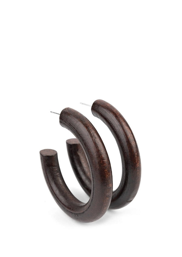 ﻿Woodsy Wonder-Wood Paparazzi Earrings  Painted in a neutral brown finish, a thick wooden hoop curls around the ear for a flirtatiously earthy look. Earring attaches to a standard post fitting. Hoop measures approximately 2" in diameter.  Sold as one pair of hoop earrings.  All Paparazzi Accessories are lead free and nickel free. Jazzi Jewelz Boutique by Raven