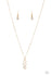 With All Your Hearts-Gold Paparazzi Necklace-Jazzi Jewelz Boutique by Raven  Encrusted in sparkly white rhinestones, a trio of golden heart frames delicately stack into a charming pendant that swings from a dainty gold chain below the collar for a flirty finish. Features an adjustable clasp closure.  Sold as one individual necklace. Includes one pair of matching earrings.  All Paparazzi Accessories are lead free and nickel free. 
