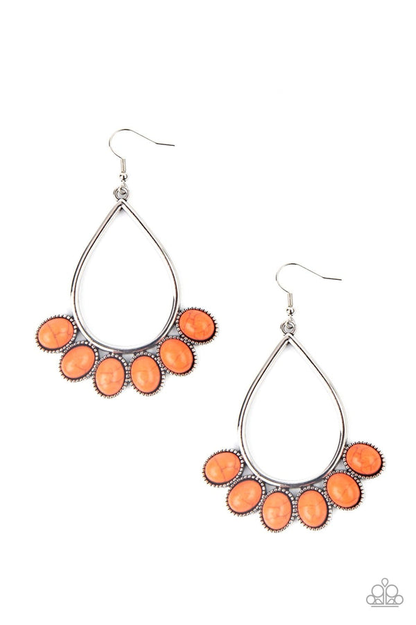 Stone Sky-Orange Paparazzi Earrings-Jazzi Jewelz Boutique by Raven  Featuring decorative silver fittings, smooth orange stones fan out from the bottom of an airy silver teardrop frame for a seasonal flair. Earring attaches to a standard fishhook fitting.  Sold as one pair of earrings.  All Paparazzi Accessories are lead free and nickel free. 
