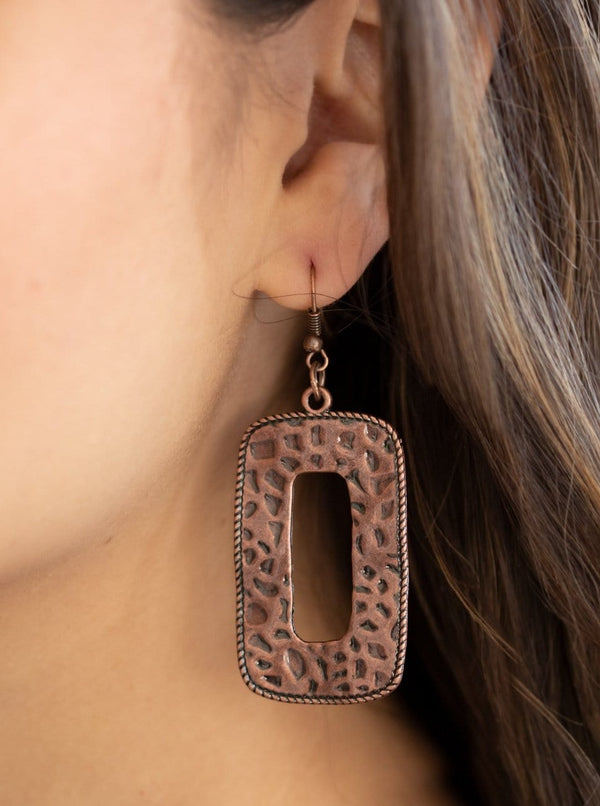 Primal Elements- Copper Paparazzi Earrings  Hammered With A Rectangular Frame