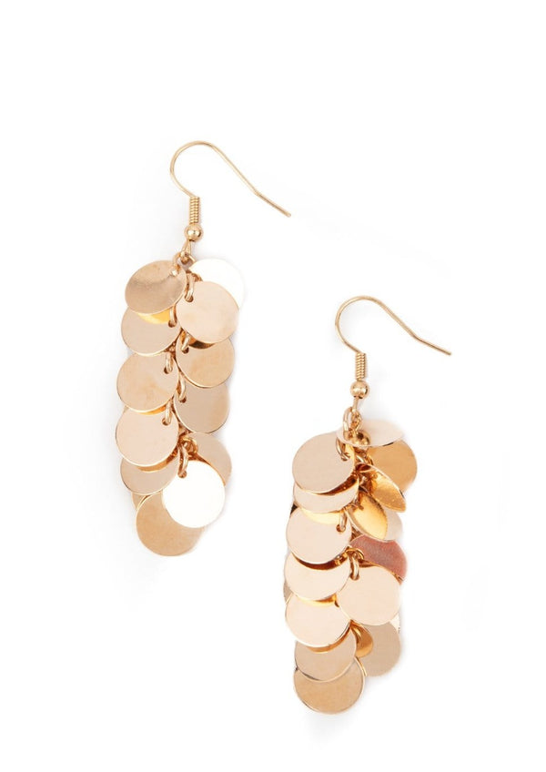 Hear Me Shimmer-Gold Paparazzi Earrings-Jazzi Jewelz Boutique by Raven  A shimmery collection of dainty gold discs trickle along a dainty gold chain, creating a clustered tassel. Earring attaches to a standard fishhook fitting.  Sold as one pair of earrings.