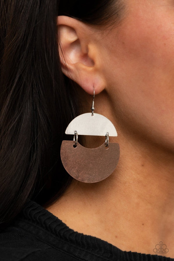Watching The Sunrise-Copper Earrings-Jazzi Jewelz Boutique by Raven  An antiqued copper frame links to a shiny silver crescent, creating a rustic lure. Earring attaches to a standard fishhook fitting.  Sold as one pair of earrings.  Paparazzi Accessories are always lead free and nickel free.