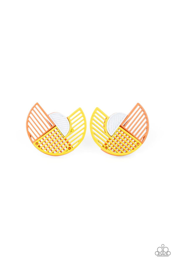 It's Just An Expression-Yellow Paparazzi Earrings-Jazzi Jewelz Boutique by Raven  Featuring airy stenciled linear patterns, overlapping yellow and orange crescent shaped frames gather around a dainty white crescent frame, creating a modern display. Earring attaches to a standard post fitting.  Sold as one pair of post earrings.  All Paparazzi Accessories are 100% lead free and nickel free.