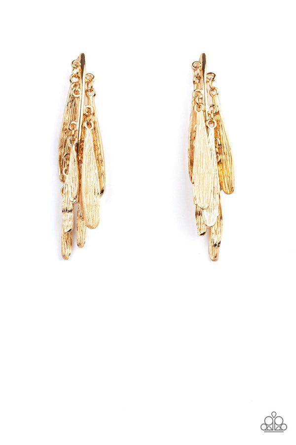 Pursuing The Plumes-Gold Paparazzi Earrings-Jazzi Jewelz Boutique by Raven
Textured petal-like plumes cluster around a curved gold bar and dance in an unexpected funky fringe below the ear. Earring attaches to a standard post fitting.
Sold as one pair of post earrings.
