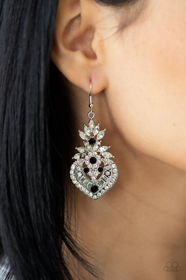 Royal Hustle - Black Rhinestone-Paparazzi Earrings-Jazzi Jewelz Boutique by Raven  Dotted with dainty black rhinestones, a series of round, marquise, and emerald cut white rhinestones stack into decorative frame for a dramatic finish. Earring attaches to a standard fishhook fitting.  Sold as one pair of earrings.  All Paparazzi Accessories are 100% lead free and nickel free.