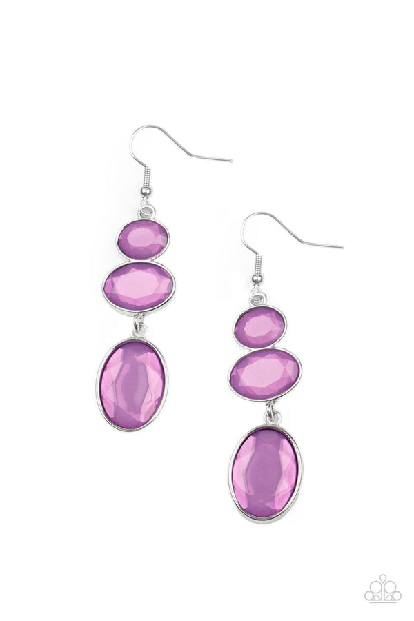 Tiers Of Tranquility-Purple Paparazzi Earrings-Jazzi Jewelz Boutique by Raven  Gradually increasing in size, dewy Amethyst Orchid oval gems trickle from the ear, linking into an ethereal lure. Earring attaches to a standard fishhook fitting.  Sold as one of earrings.  Paparazzi Accessories are 100%  lead free and nickel free. Jazzi Jewelz Boutique by Raven