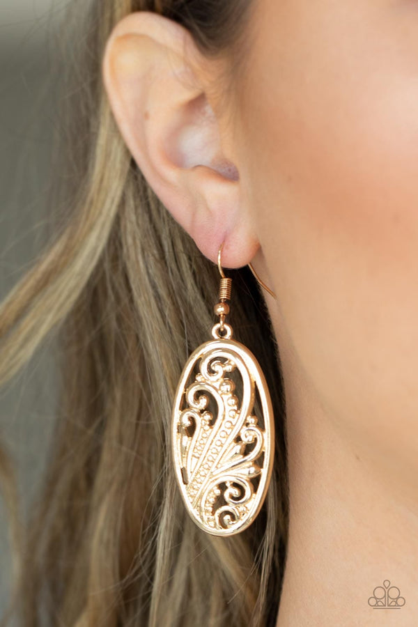 High Tide Terrace-Gold Paparazzi Earrings-Jazzi Jewelz Boutique by Raven  Featuring a high sheen gold finish, elegant frills and dotted designs blossom inside an oval frame create a swirling botanical allure. Earring attaches to a standard fishhook fitting.  Sold as one pair of earrings.  All Paparazzi Accessories are 100% lead free and nickel free.
