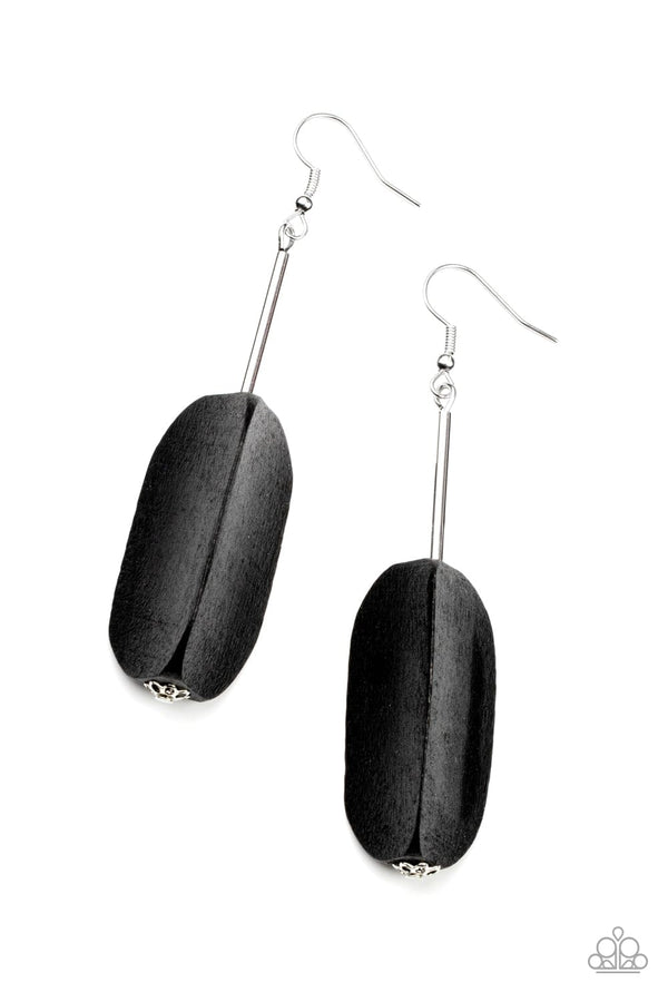 TAMARACK TRAIL-BLACK WOOD EARRINGS-JAZZI JEWELZ BOUTIQUE BY RAVEN  A faceted chunk of black wood glides along a shiny silver rod, creating an abstract frame for an artisan inspired fashion. Earring attaches to a standard fishhook fitting.  Sold as one pair of earrings.