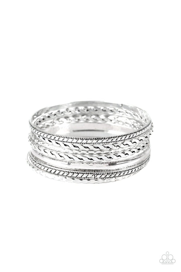 ﻿Rattle & Roll-Silver Bracelet-7 textured  stacked mismatched bangles