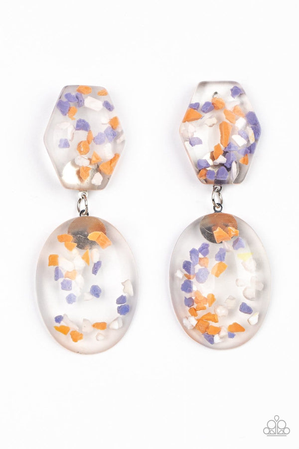 Flaky Fashion-Orange Acrylic Paparazzi Earrings-Jazzi Jewelz Boutique by Raven  Featuring multicolored confetti-like flakes, a clear acrylic oval frame swings from the bottom of a matching hexagonal frame, creating a bubbly lure. Earring attaches to a standard post fitting.  Sold as one pair of post earrings.  Paparazzi Accessories are 100% lead free and nickel free,