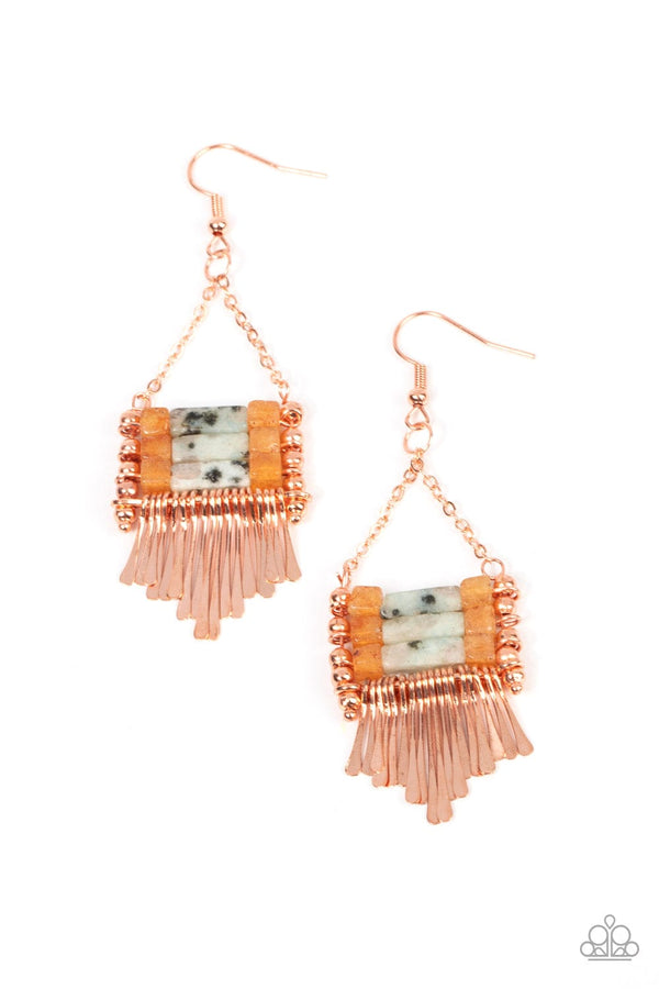 Riverbed Bounty-Copper Chandelier Earrings- Copper Rods swing from natural speckled stones