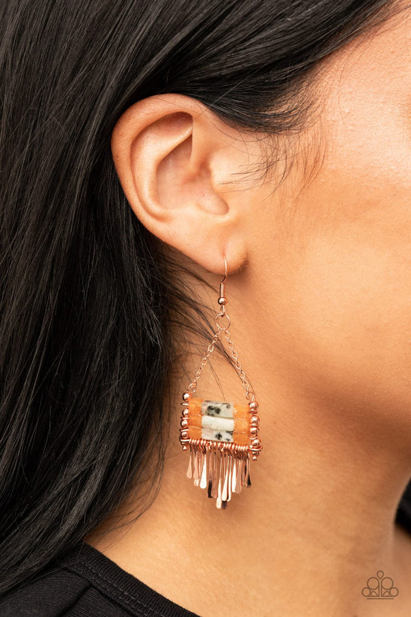 Riverbed Bounty-Copper Chandelier Earrings- Copper Rods swing from natural speckled stones