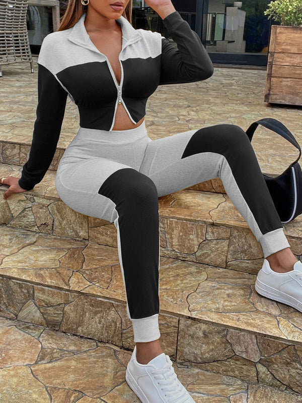 Jazzi Jewelz Boutique by Raven-Two-Tone Collared Neck Top and Joggers Set