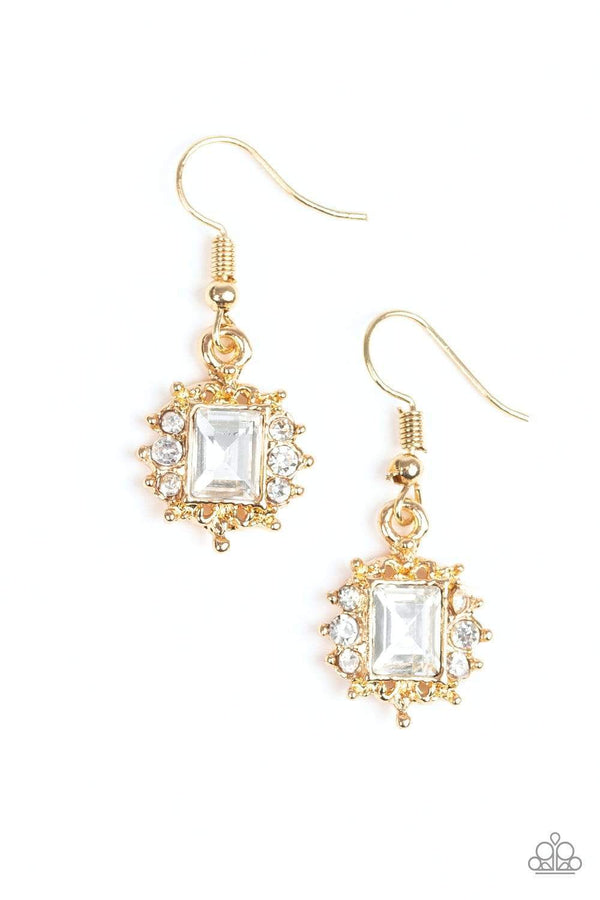 Can't Stop The Reign-Gold Paparazzi Earrings  Featuring a regal emerald style cut, a glittery white gem is pressed into a shimmery gold frame radiating with  rhinestones for a refined look. Earring attaches to a standard fishhook fitting.  Paparazzi Accessories Are 100% Lead Free & Nickel Free.