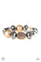 ﻿All Cozied Up-Copper Paparazzi Bracelet-Jazzi Jewelz Boutique by Raven   Silver based bracelet with warm beads in shades of brown and copper bracelet with reflective faceted edges and varying glazed finishes are offset by two shiny silver beads. An oblong bead studded with copper-toned rhinestones adds a dramatic accent.  Paparazzi Jewelry are always lead free and nickel free. 