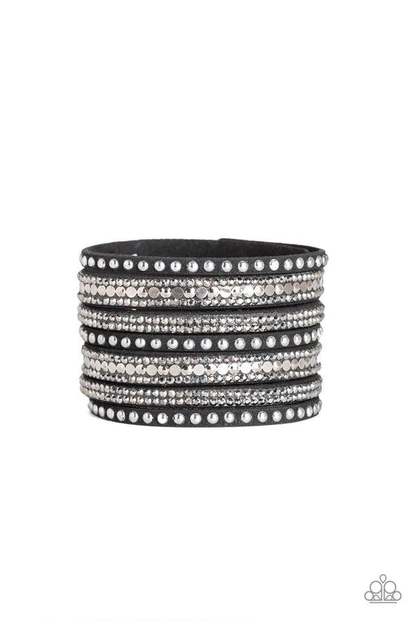 All Hustle & Hairspray-Black Snap Paparazzi Bracelet-Jazzi Jewelz Boutique by Raven  A thick black suede band has been spliced into glittery strands encrusted in a collection of dainty gunmetal studs, glittery hematite rhinestones, and flat gunmetal sequins for a sassy look. Features an adjustable snap closure. Sold as one individual bracelet.  All Paparazzi Jewelry is lead free and nickel free. 