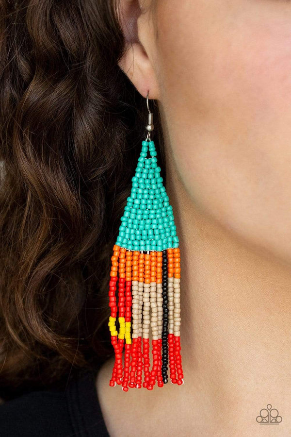 ﻿Beaded Boho-Seed Bead Paparazzi Earrings-Jazzi Jewelz Boutique by Raven﻿ Seed bead earrings featuring blue, orange, brown, black, yellow, and red seed beads, dainty beaded tassels swing from a beaded triangular frame for a colorful tribal look. Earring attaches to standard fishhook fitting. Paparazzi Jewelry is 100% lead free and nickel free. 