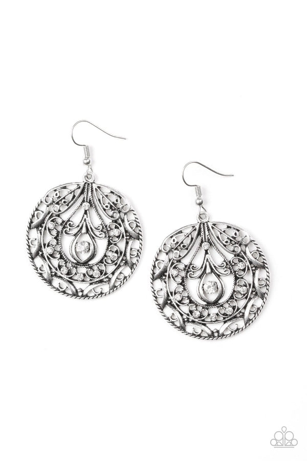 ﻿Choose To Sparkle-Silver & Rhinestone Paparazzi Earrings-Jazzi Jewelz Boutique by Raven Sparkling white rhinestones are sprinkled along a swirling silver backdrop radiating with whimsical filigree. Earring attaches to a standard fishhook fitting. Sold as one pair of earrings.  All Paparazzi Jewelry is lead free and nickel free. 