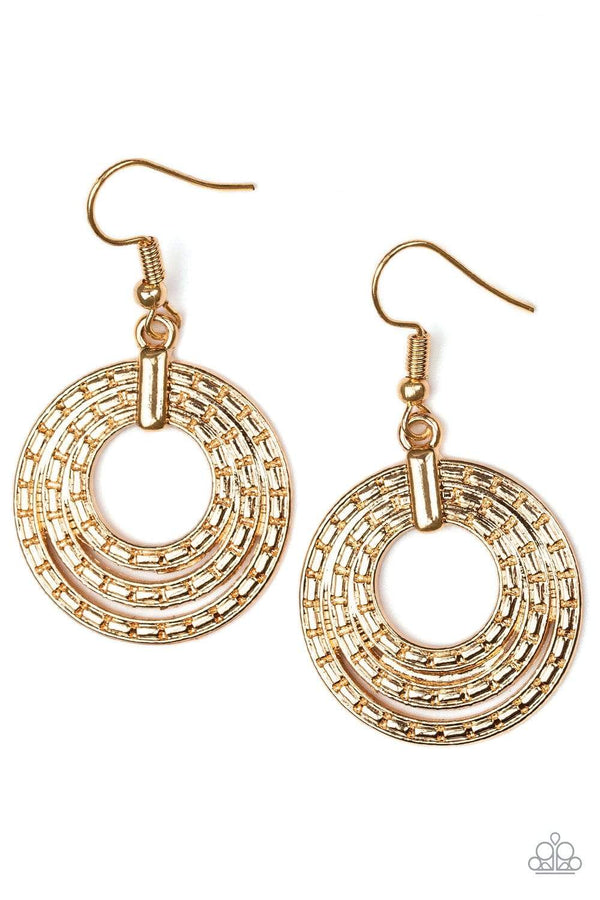 Open Plains-Gold Paparazzi Hoop Earrings  Pinched between a shiny gold fitting, shimmery textured hoops layer into a dizzying lure. Earring attaches to a standard fishhook fitting. Sold as one pair of earrings.   Paparazzi Jewelry is 100% lead free and nickel free.
