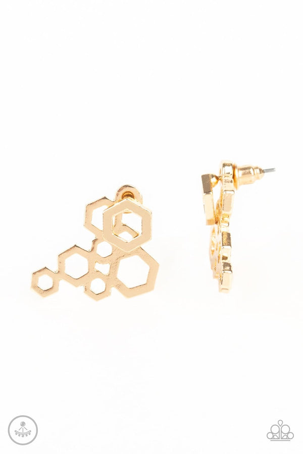 ﻿Six Sided Shimmer-Gold Paparazzi Earrings-Jazzi Jewelz Boutique by Raven  A dainty gold hexagon attaches to a double-sided post, designed to fasten behind the ear. Brushed in a high-sheen shimmer, a cascade of hexagonal frames peeks out beneath the ear for a bold geometric look. Earring attaches to a standard post fitting. Sold as one pair of double-sided post earrings.   Paparazzi Jewelry is lead free and nickel free. 
