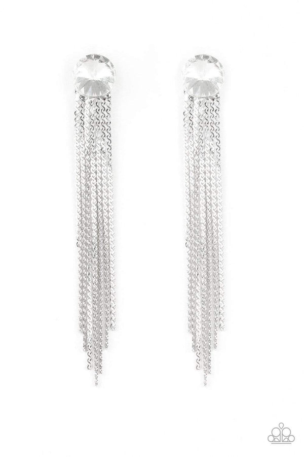 ﻿Level Up-Silver Paparazzi Earrings-Jazzi Jewelz Boutique by Raven   Flat silver chains stream from the bottom of a solitaire white gem, creating a dramatically tapered fringe. Earring attaches to a standard post fitting.  Sold as one pair of post earrings.  Paparazzi Jewelry is lead free and nickel free.