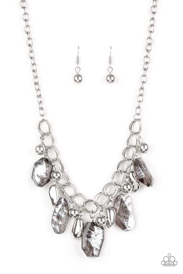 Jazzi Jewelz Boutique-Chroma Drama-Black Metallic Beads Silver Chain Necklace and Earring Set