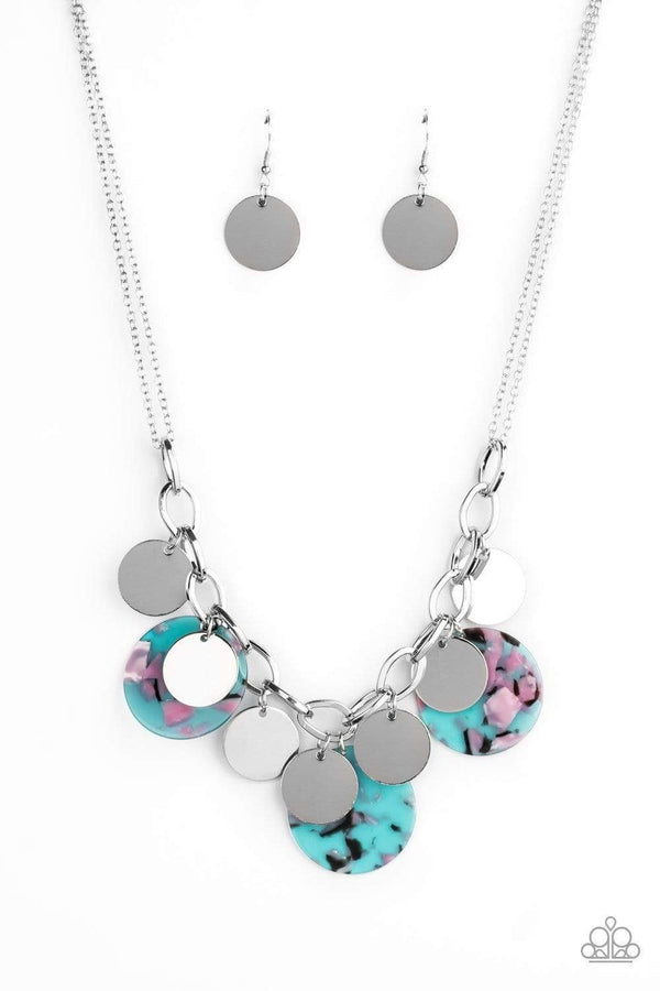 Jazzi Jewelz Boutique-Confetti Confection Blue Acrylic Disc Silver Chain Necklace and Earring Set