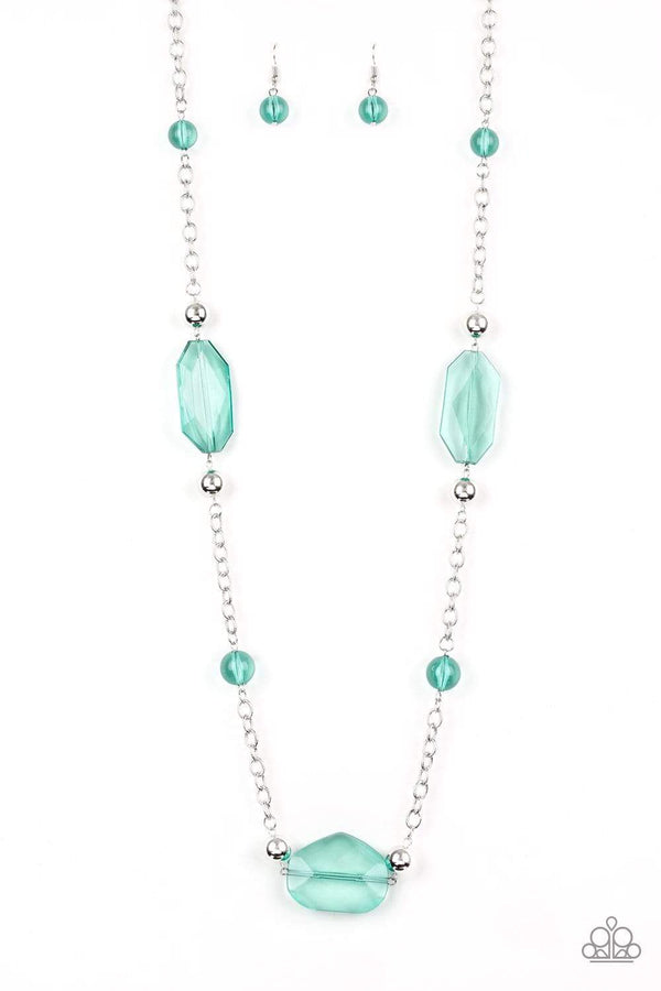 Jazzi Jewelz Boutique- Crystal Charm-Green Crystal Like Beaded Silver Chain Necklace and Earring Set