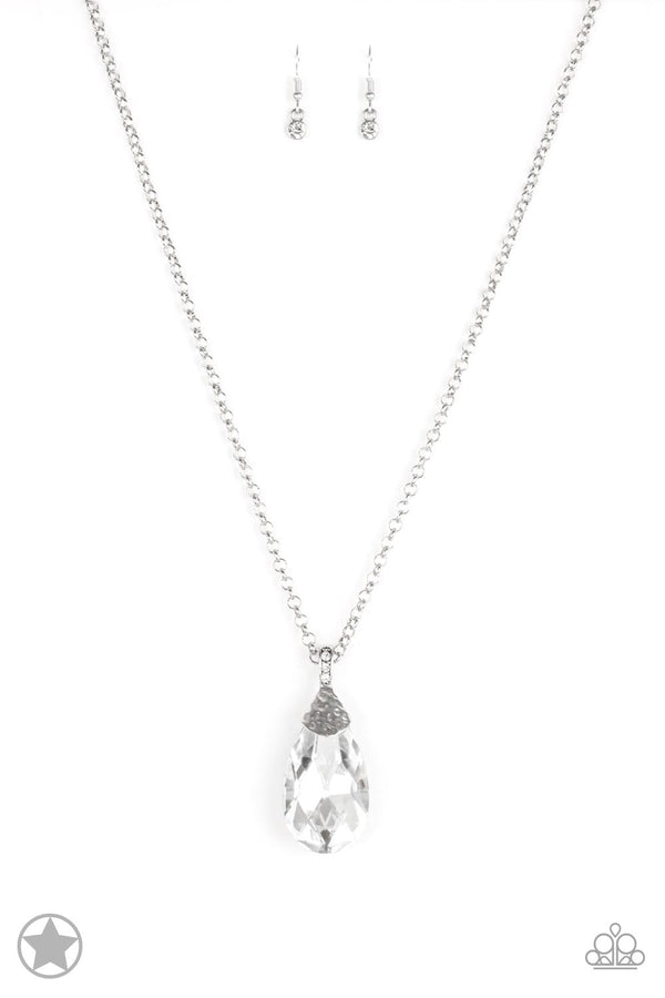 Jazzi Jewelz Boutique-Spellbinding Sparkle-Blockbuster-White Teardrop Pendant Silver Necklace and Earring Set