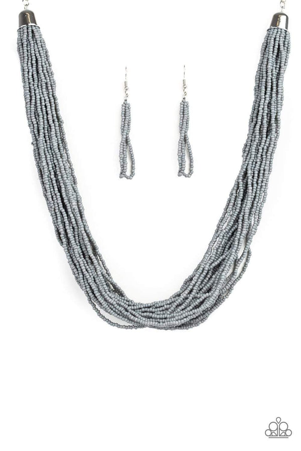 The Show Must Go On-Silver Paparazzi Seed Bead Necklace-Jazzi Jewelz Boutique by Raven   Necklace infused with two bold silver fittings, countless strands of gray seed beads drape below the collar for a seasonal look. Features an adjustable clasp closure.  Sold as one individual necklace. Includes one pair of matching earrings.  Paparazzi Jewelry is always 100% lead free and nickel free. 