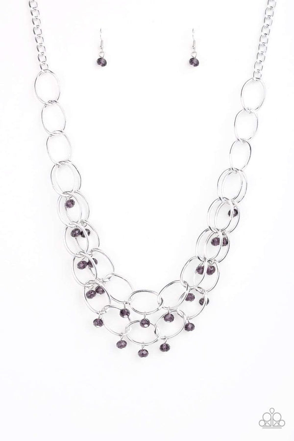 Paparazzi Accessories -Yacht Tour- Purple Crystal Like Bead Silver Link Necklace and Earring Set